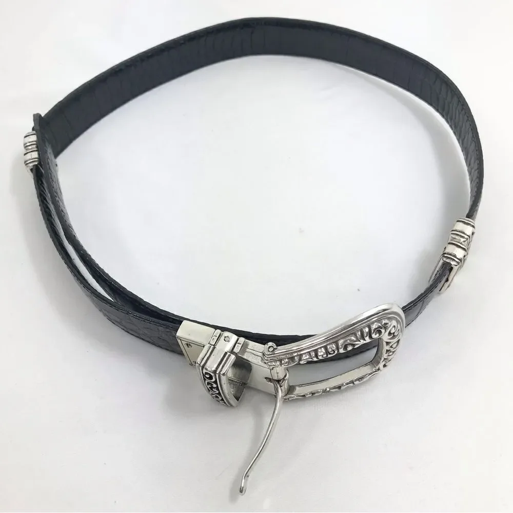Brighton Black Brown Reptile Embossed Silver Scroll Hardware Reversible Belt